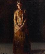 Michael Ancher Portrait of Anna Ancher Standing in a Yellow Dress by her husband Michael Ancher oil on canvas